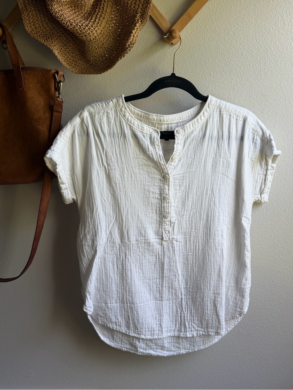 Quince White Short-Sleeve Button Henley Blouse